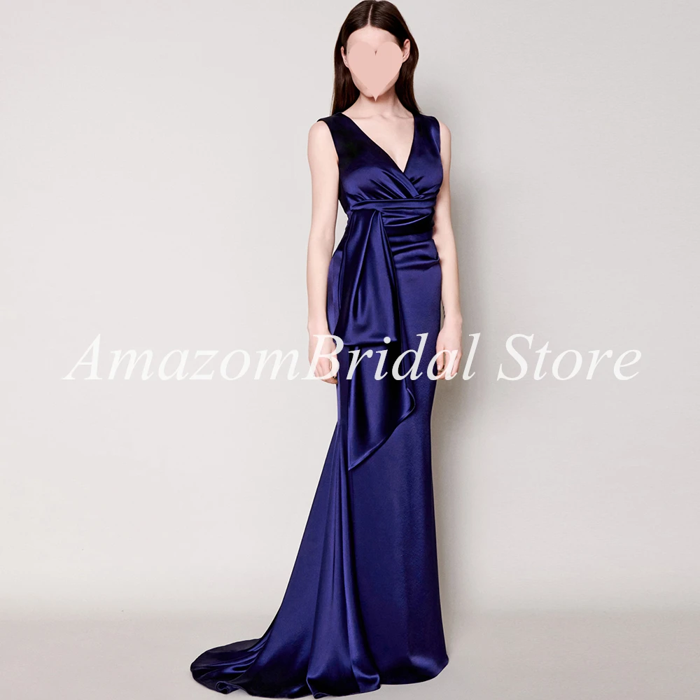 Robe de soirée longue et élégante pour femmes, vêtement de célébrité, Vintage, bleu marine, col en v, pour Banquet, 2022