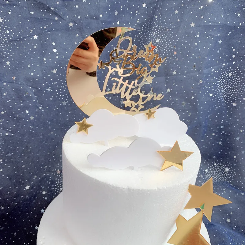 New Little Star Dream Acrylic Cake Topper Gold Moon Birthday Cupcake Toppers Flags for Baby Birthday Party Cake Decorations