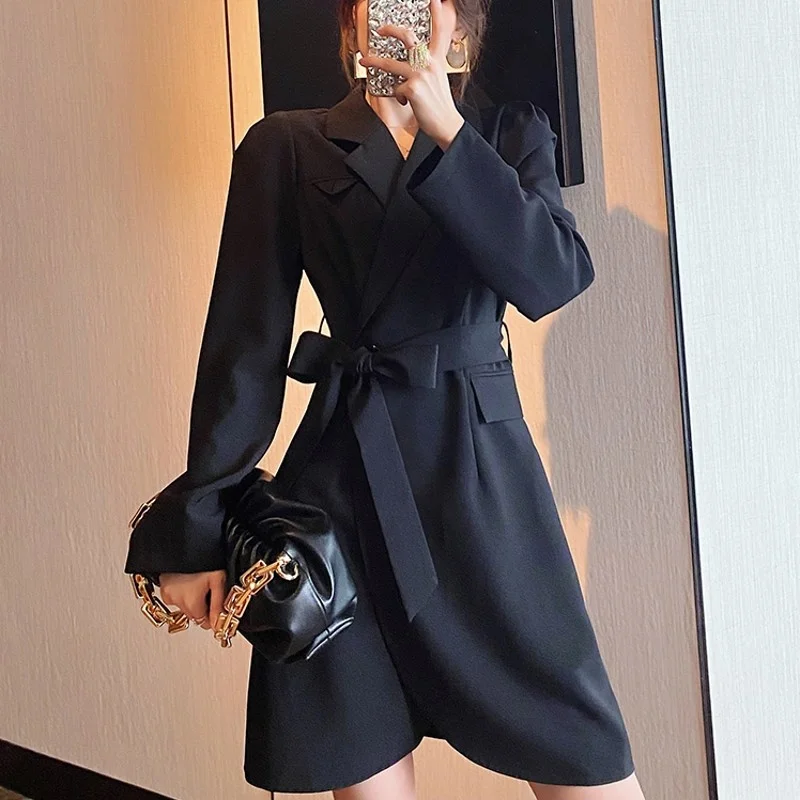 Womens New Korean Style Notched Sashes Pockets Double Breasted High Quality Knee Length Dress Fashion Elegant A-Line Suit Dress