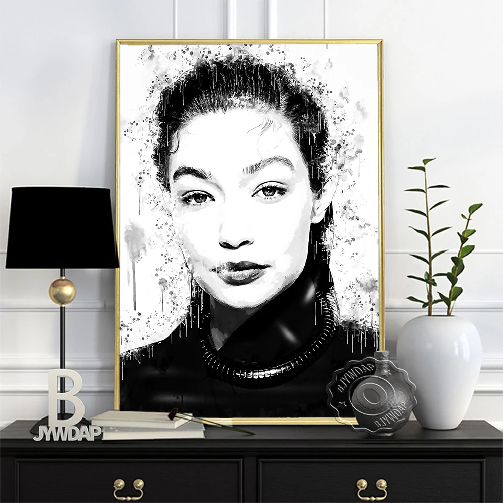 Gigi Hadid Black White Poster, American Model Girl Portrait Watercolour, Minimalism Nordic Style Wall Picture Home Decor Gift