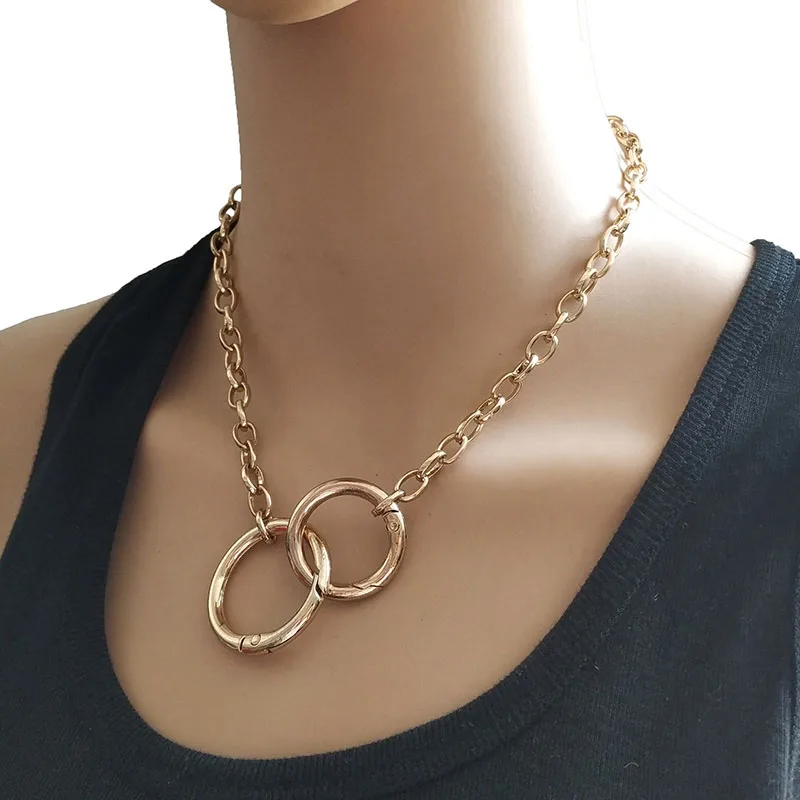 Double Round Circle Lasso Chain Choker Handcuffs Pendant Charm Necklace Cool Collar Statement Necklaces