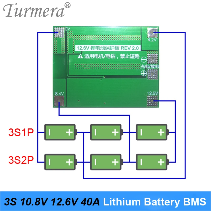 Turmera 3S 40A BMS 18650 21700 26650 Lithium Battery Standard Protected Board 10.8V 12.6V for Screwdriver Drill and Headlamp Use