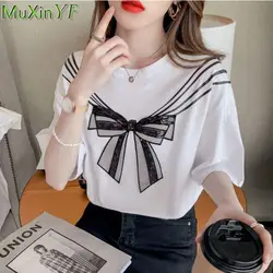 Summer Short-sleeved T-shirt 2021 New Loose Bow Black Crop Top Women's Fashion Elegant Trendy  Blouse Female Clothing