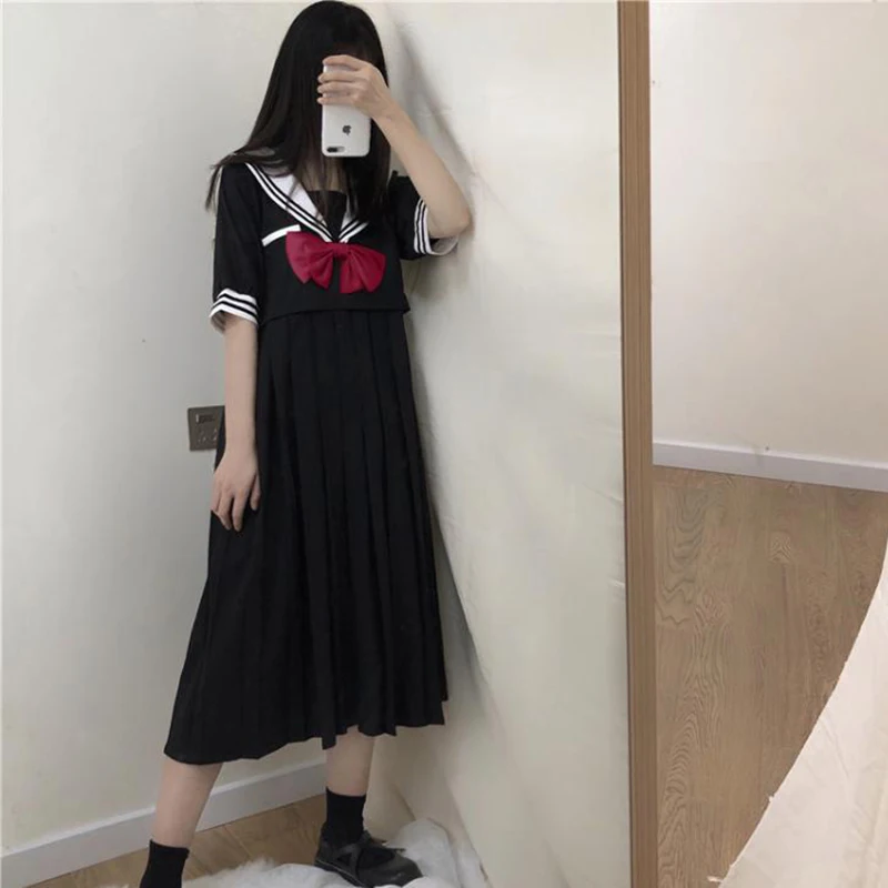 Robe à manches longues col marin japonais, jupe ample mi-longue avec nœud mignon, uniforme d'école d'été pour femmes