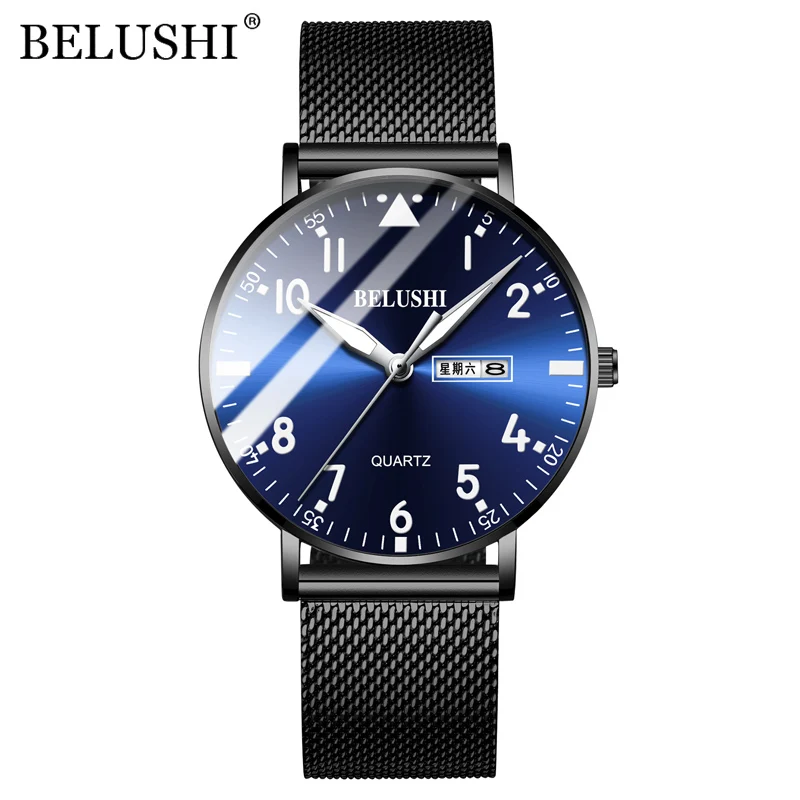 BELUSHI Men Watches Ultra-thin Waterproof Steel Mesh Quartz Watch Men Business Clock Date Calendar Wrist Watch Relogio Masculino