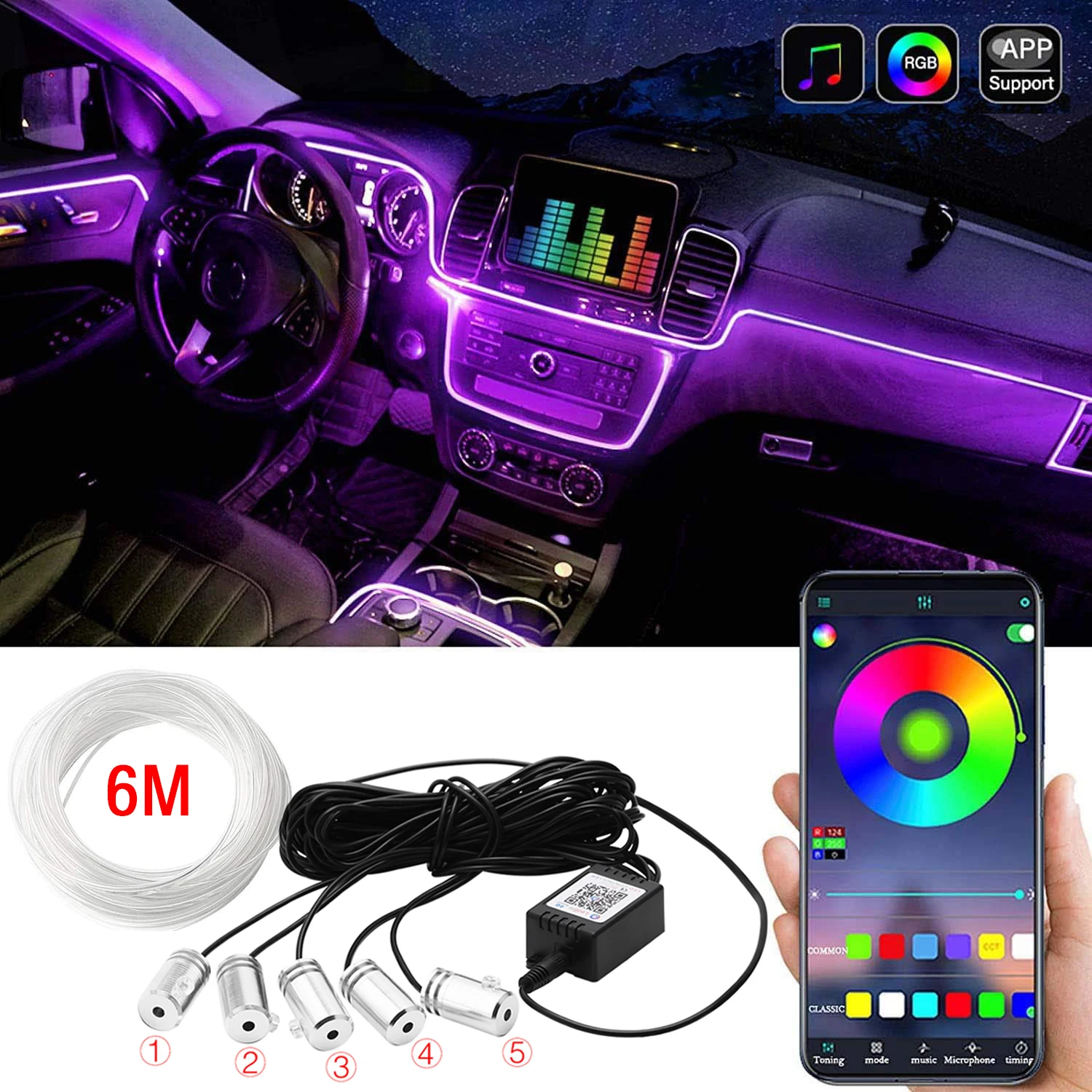 6 IN 1 RGB LED Atmosphere Car Light Interior Ambient Decoration Lamp Fiber Optic Strips Light By App Sound Control DIY Music 12V