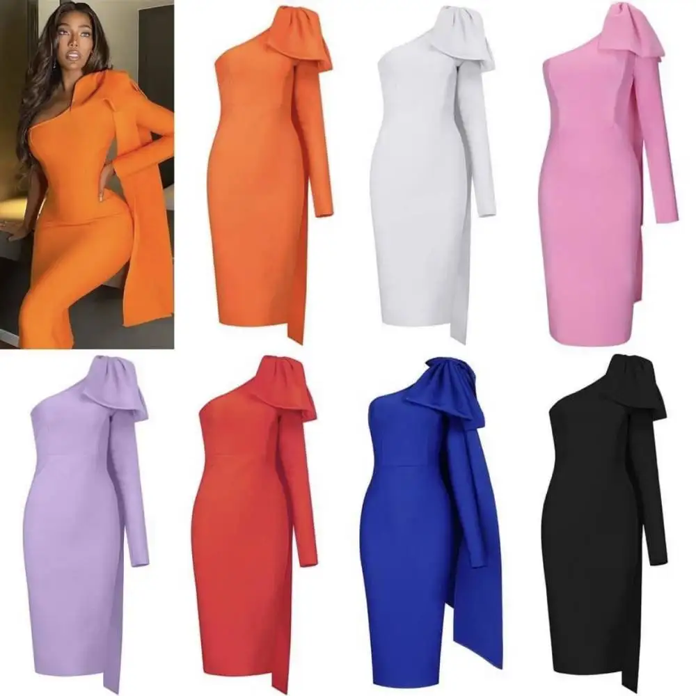 

High Quality Yellow Blue Orange Runway Bownot One Long Sleeve Rayon Bandage Dress Cocktail Party Bodycon Dress Vestidos