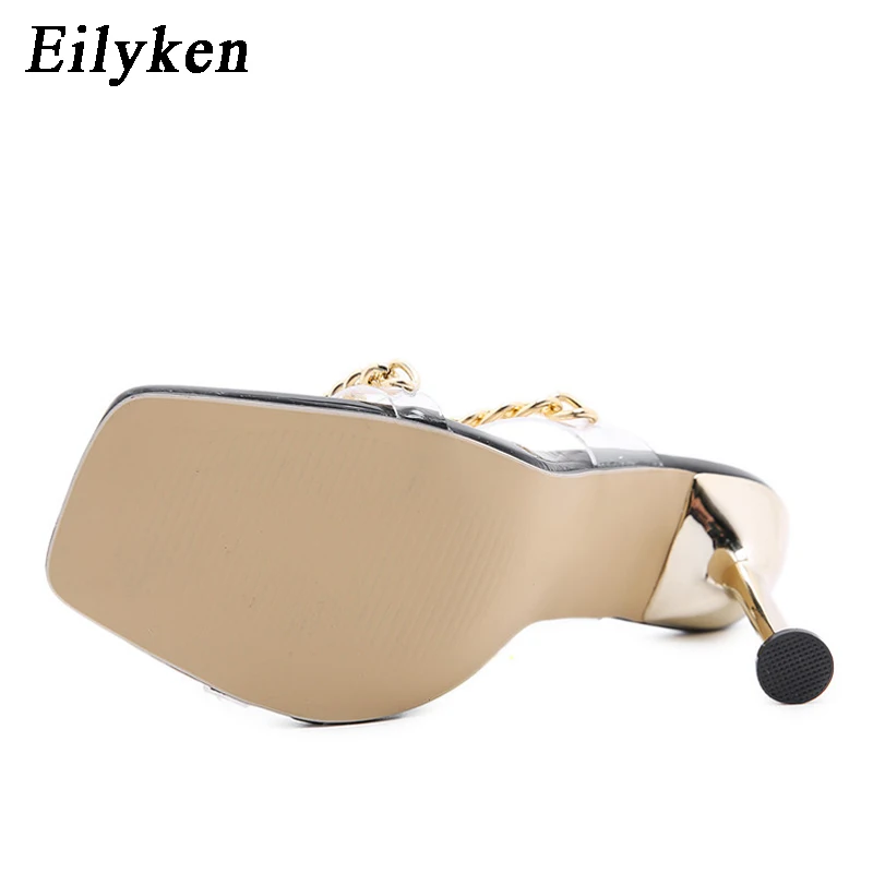 Eilyken Clear PVC Transparent High Heel Slippers Summer Fashion Chain Design Slip On Square Toe Slides Women Mules Pumps