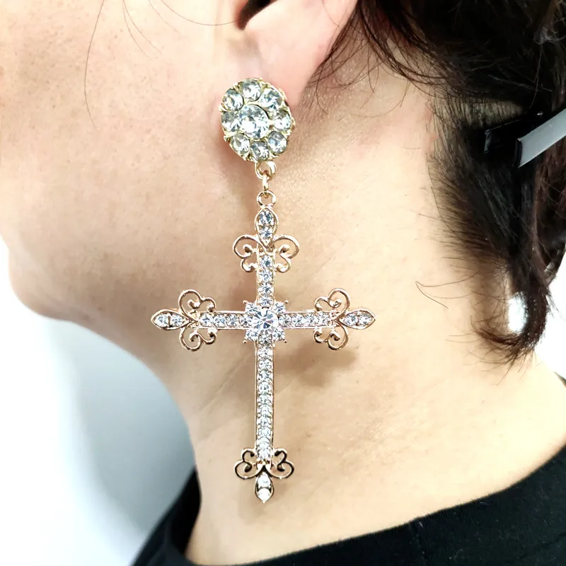 KUGUYS Showily Cross Dangle Earring for Women Drop Metal Crystals Gold Color Long Religious Classic Jewelry Vintage Accessories