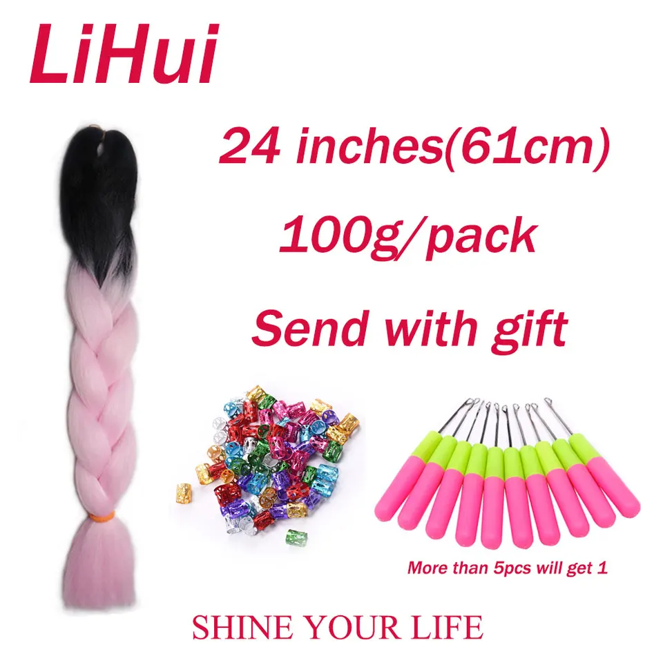 Trenza jumbo Lihui de 24 pulgadas sintética para trenzar, extensión con efecto ombre para mujer, DIY, rosa, púrpura, amarillo, gris 4