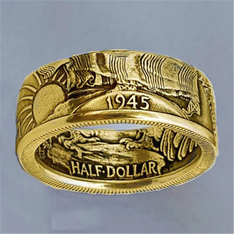 90% Handmade Coin Ring Vintage Morgan $50 1945 Engraved 