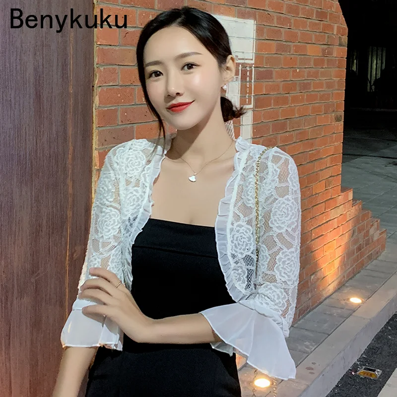 

2025 Summer Lace Shawl Cardigan Slim 3/4 Flare Sleeve Sun Protection Clothing Women Thin Bolero Femme Crop Top Mujer Open Stitch