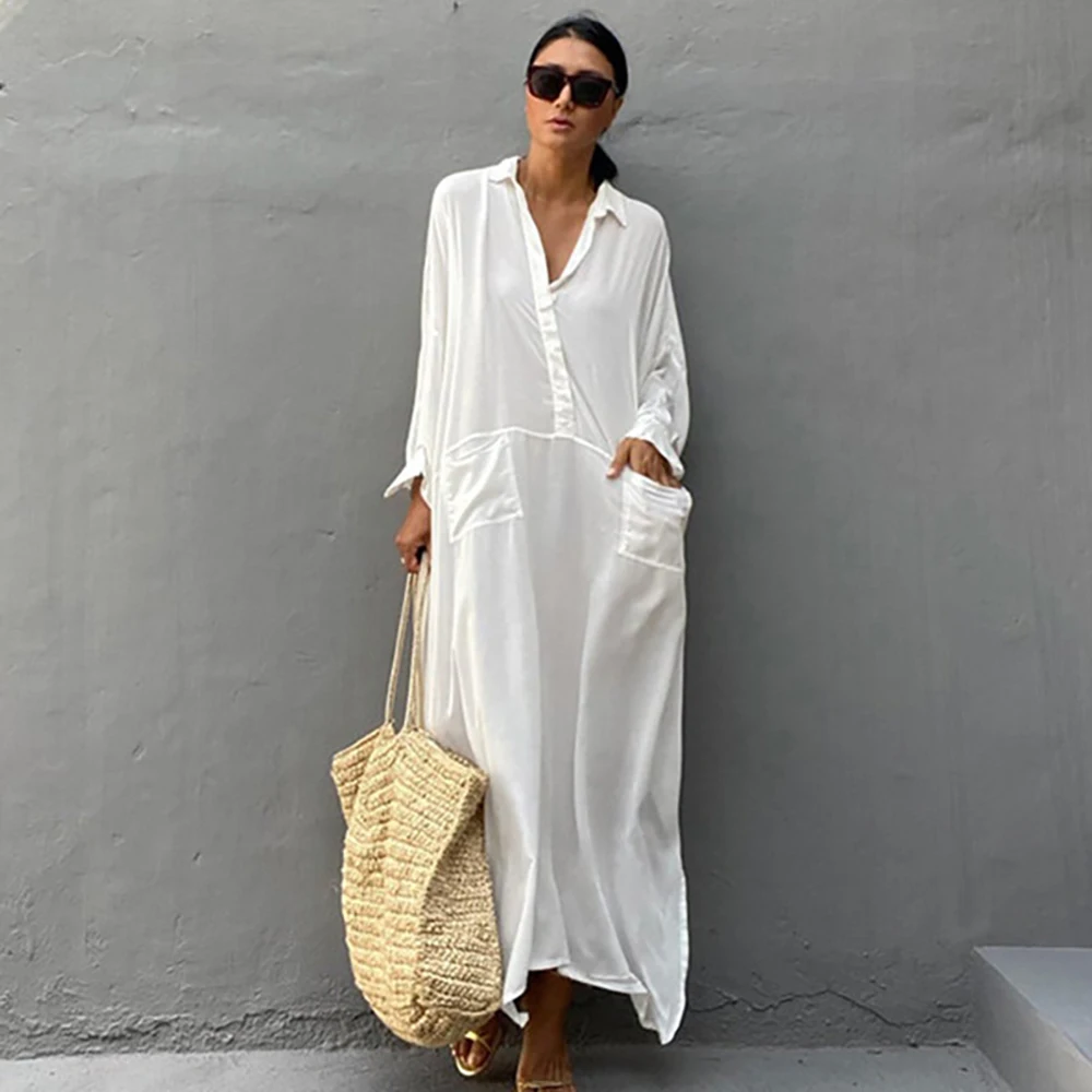 Women Swimsuit Cover Up Fashion Elegant Long Dress White Loose  Pareo Sarong 2023 Beachwear Bathing Suit Kimono Kaftan