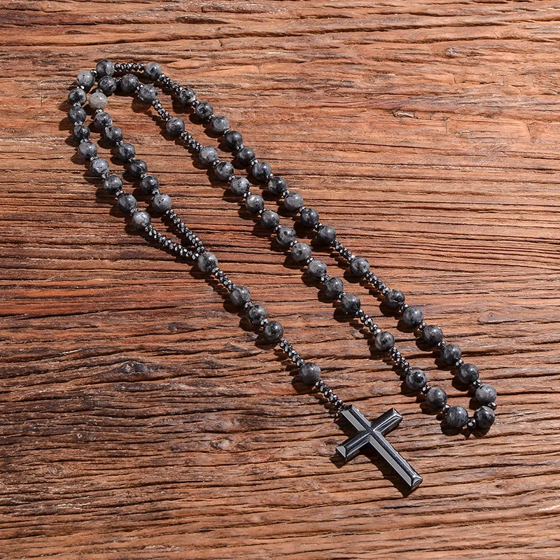 Black Labradorite Catholic Christian Rosary Beaded Necklace Cross Pendant Men and Women Meditation Yoga Mala Jewelry