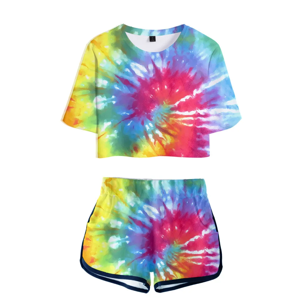 

Summer Track Suit Women 2 Piece Set Tie Dye 3D Print Crop Top Shorts Two Piece Outfits Casual Women Tracksuit Sportwear Twopiece