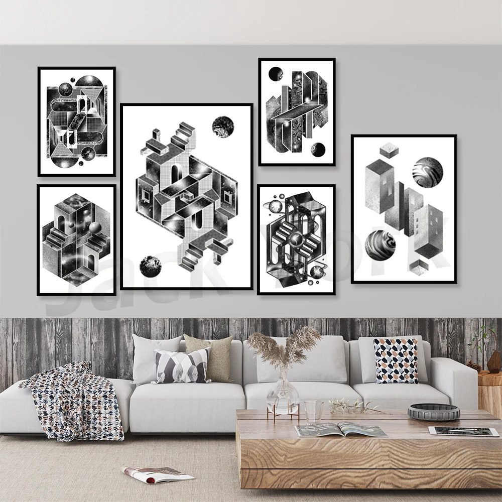 Architecture Art, 3D Black White Poster, Monochrome Abstract Geometric Painting, Symmetry, Escher Painting, Other-Worldly