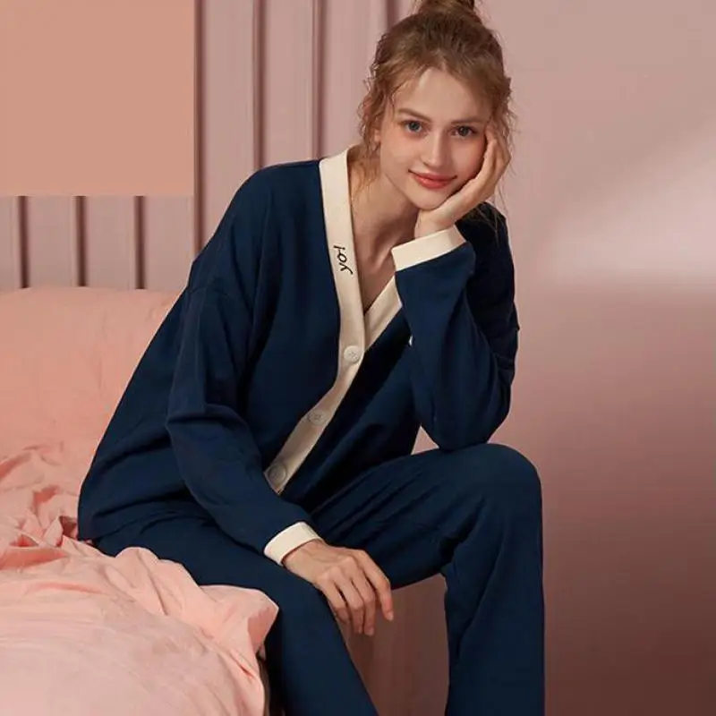 

Cotton Nightwear Shirt&Pants Casual 2PCS Sexy Women Pajamas Sets Intimate Lingerie Spring Home Clothes With Buttons Sleep Wear