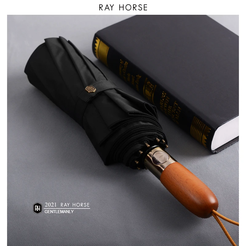 

RAY HORSE-двойной автоматический зонт для мужчин, простой, деловой, 3 складывания, ручка из цельного дерева, подарок, 10 костей
