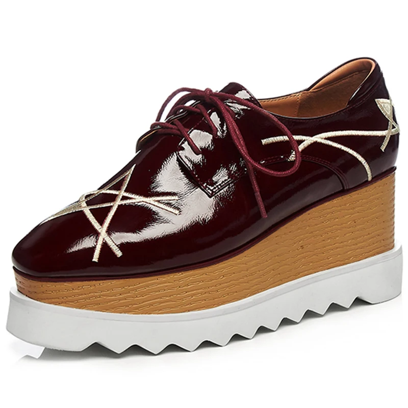 

British Genuine Leather Vintage Lace Up Star Embroidered Wedge Pumps Platform Shoes Woman Street Thick-Sole High Heels Shoes
