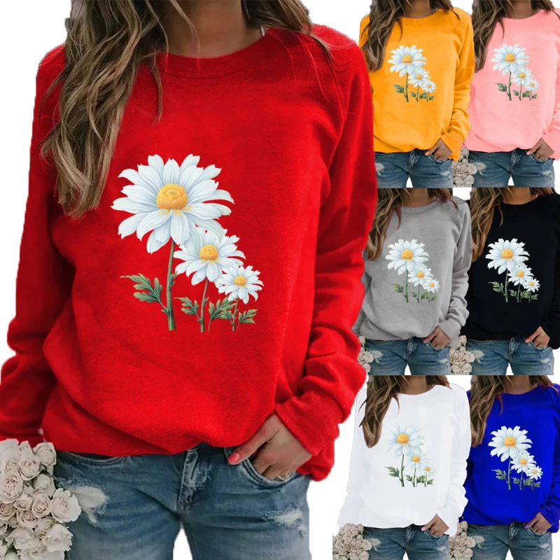 

Winter Women's Casual Long-sleeved Daisy Flowers Print Sweatshirt Ladies Round Neck Loose T-shirt Plus Size Tops