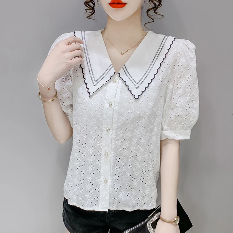 Peter Pan Collar White Shirt Thin Summer 2022 Hollow Out Puff Sleeve Short Women Blouse Button Open Stitch Woman Tops Clothes