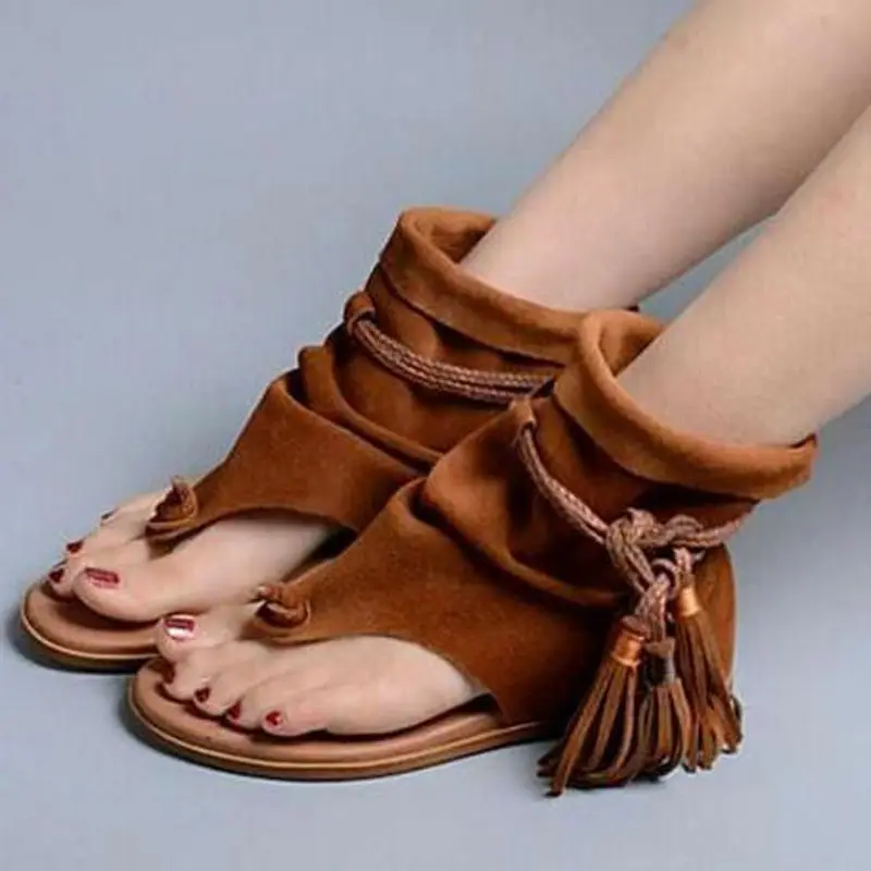 Retro Fringe Ankle Strap Hollow Open Toe Sandals Women Fashion Flat Soild Lace Up Ladies Casual Summer Shoes Pleated Flip Flop