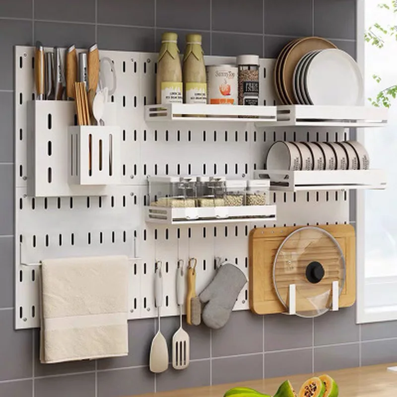 

Kitchen Storage Rack Wall Mount Pegboard Combination Hanger Hook No-Punching Hole Plate Wall Decor Display Stand Organizer Shelf