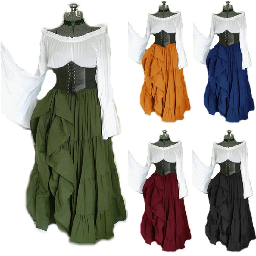 2022 New Halloween Women Medieval Cosplay Costumes Gothic Retro Victoria Middle Ages Carnival Long Sleeve Pleated Corset Dress