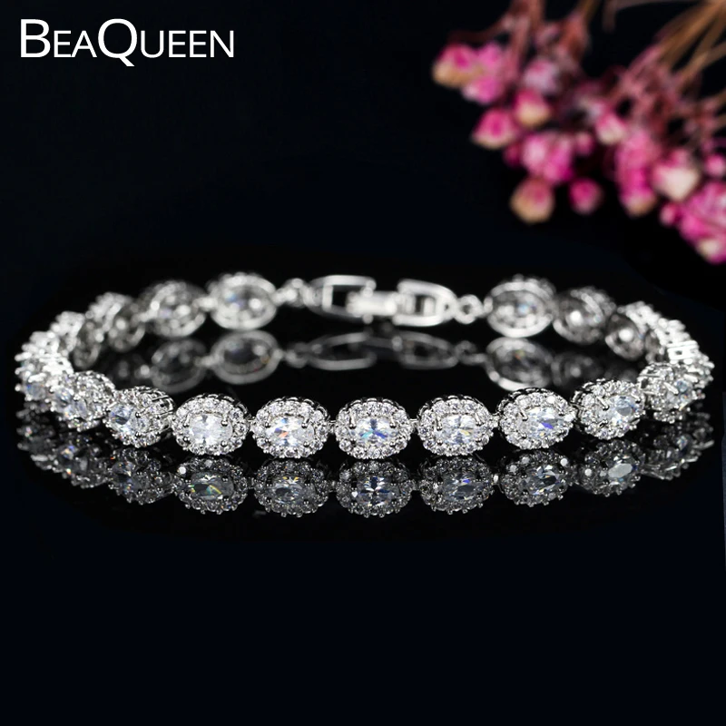 BeaQueen Brand Women Silver Color Jewelry Perfect Oval Cut Cubic Zirconia Stone Charming Tennis Bracelets Bangles B044