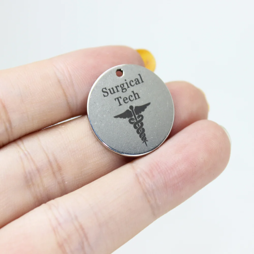 8Pcs/Lot--22mm Surgical Tech Stainless Steel Laser Engraved Disc Message Charm Pendant For Diy Jewelry Making