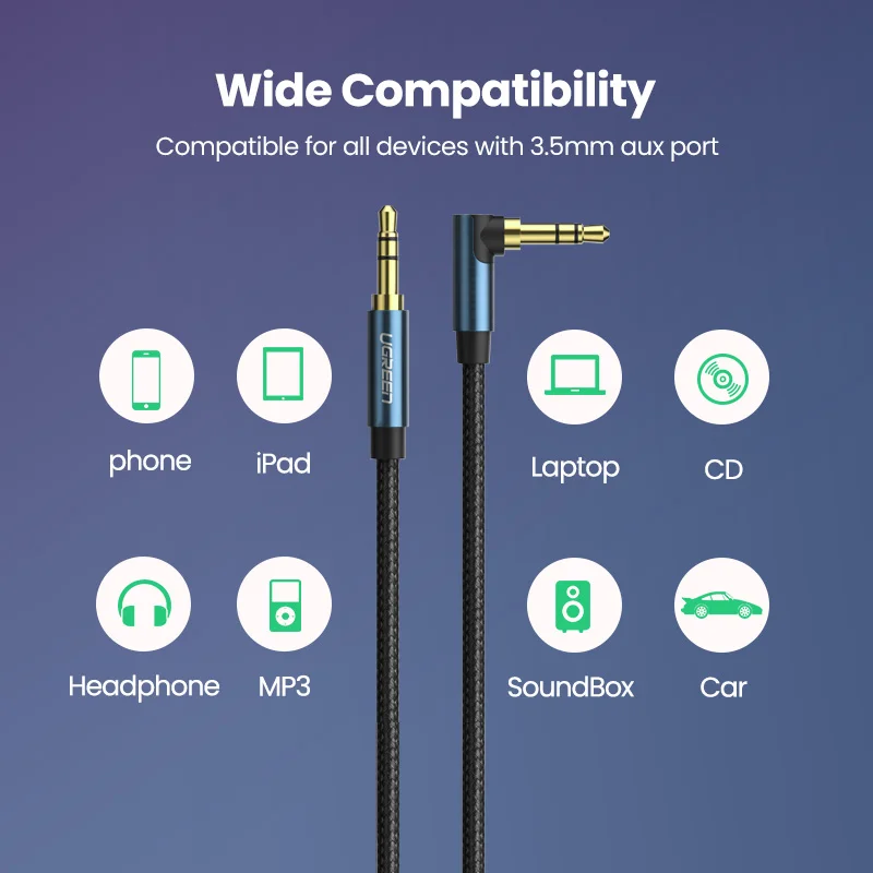 UGREEN Aux Cable Audio Hi-Fi Stereo Male to Male 90 Degree Right Angle 3.5mm Speaker Universal Braided Auxiliary Audio Cord