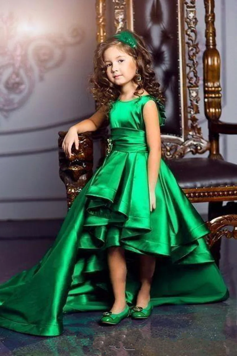 Vestido formal de cetim verde esmeralda, flor, para meninas, pescoço e mangas curtas, vestido de celebridade, para crianças, vestido de concurso