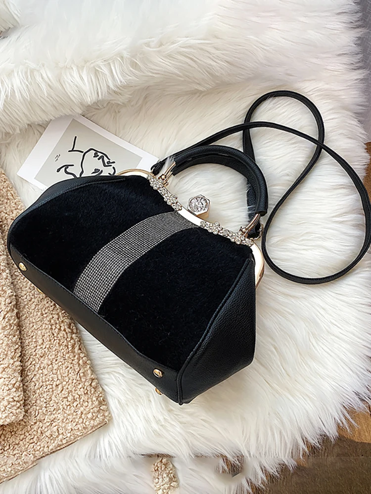 Classic Black Faux Fur Bag For Women Diamonds High Quality Pu Leather Party Tote Handbag Large Capacity Shoulder Crossbody Bags