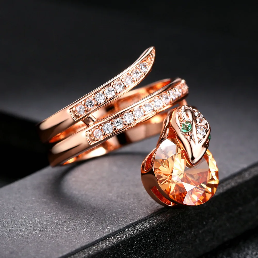 Snake Rings for Women Rose Gold Color Orange Crystals Cocktail Ring for Female Party Evening Accessories Fashion Jewelry R149