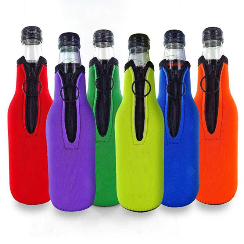 6pcs Beer Bottle Cooler Sleeves with Ring Zipper Collapsible Neoprene Insulators for 12oz 330ml Bottles Party Drink Coolies