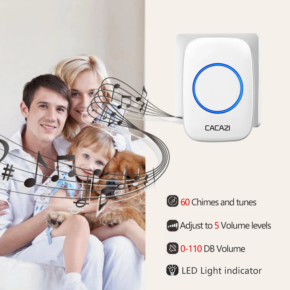 CACAZI Home Wireless Doorbell Waterproof 300M Remote Night Light Receiver 2032 Battery Transmitter US EU UK Plug 0-110db Chimes