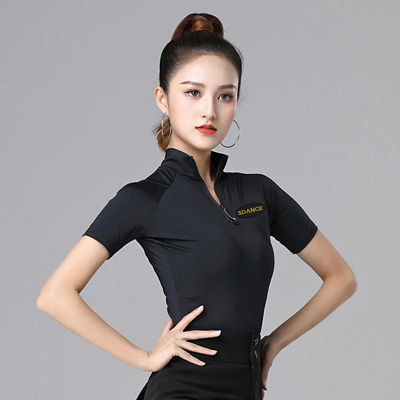 Women Summer Short-sleeved Zipper Fashion Latin Dance New Modern Dance Clothes Practice Clothes High Neck Ballroom Dance Clothes