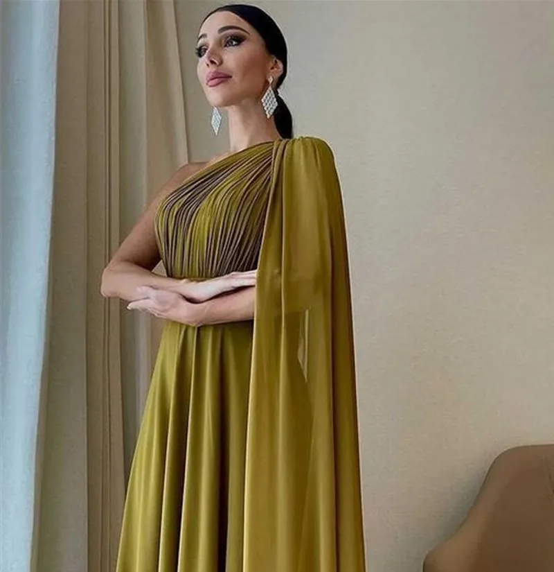Olive Green Draped A Line Evening Dress With Cape One Shoulder Chiffon Dubai Women Formal Party Gown Robe De Soiree Vestidos