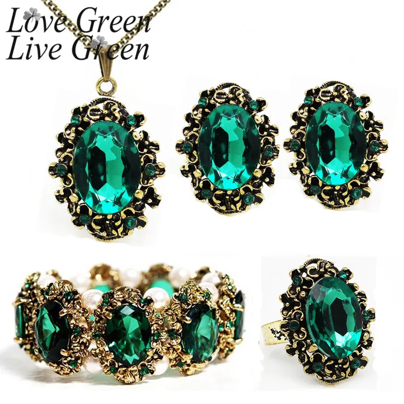 Retro Oval Emerald Green Crystal Jewelry Sets Ancient Gold Plated Blue Pendant Necklac Earring Bracelet And Ring Set Fashion