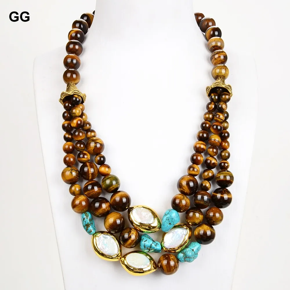 

GuaiGuai Jewelry 20'' 3 Strands Natural White Keshi Pearl Tigers Eye Turquoises Necklace For Women