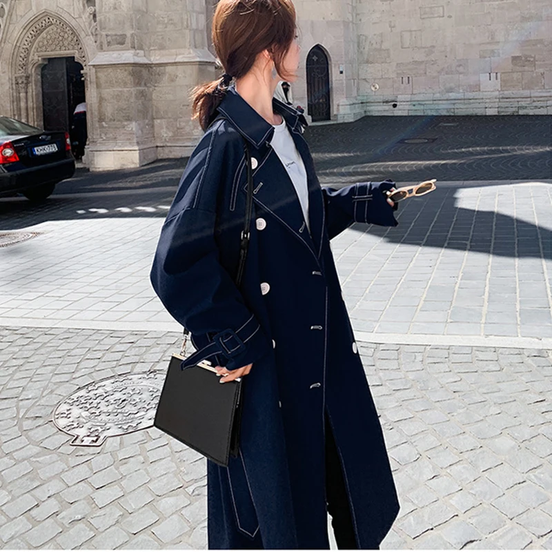 Wine Red Trench Coat For Women 2019 Spring Autumn Loose Long Coat Women With Belt Fashion Long Overcoat Women