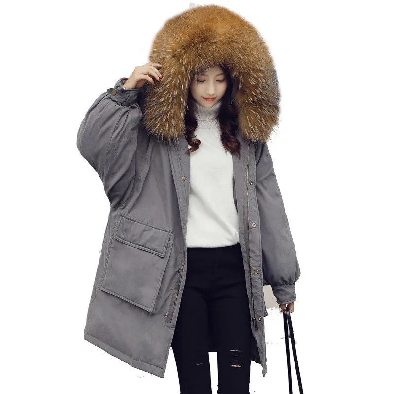 Winter White Duck Down Jacket Woman Hooded Long Thick Warm Down Parka Real Fur Loose Outwear Down Coat Female LWL1182