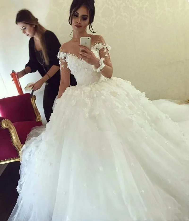 Vestido De novia musulmán De manga larga, ropa árabe De encaje 3D con flores, apliques florales, cuello transparente