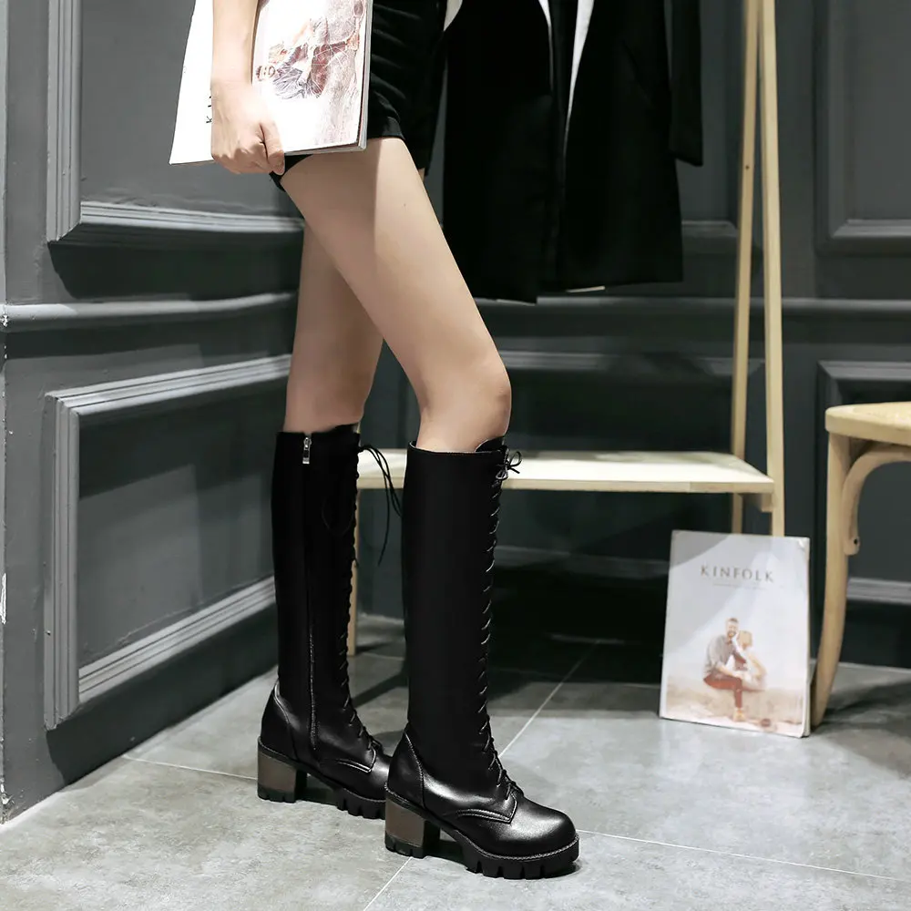 New Lacing Winter Knee High Boots Women High Heels Zipper Autumn Rubber Sole Brown Heel Long Boots Shoes Big Size 2021