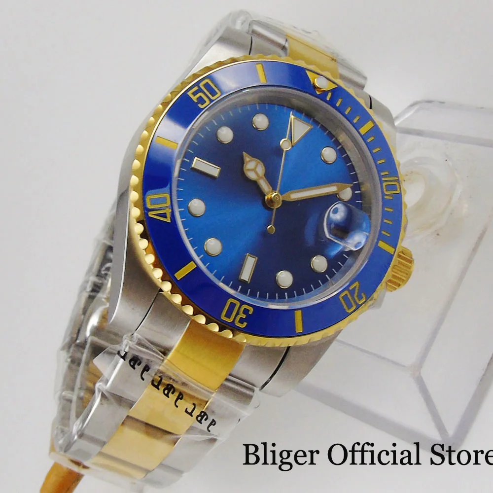 BLIGER  NH35A MIYOTA 8215 PT5000 Automatic Men Watch Two Tone Gold Bracelet Blue Black Sunburst Dial Sapphire Crystal