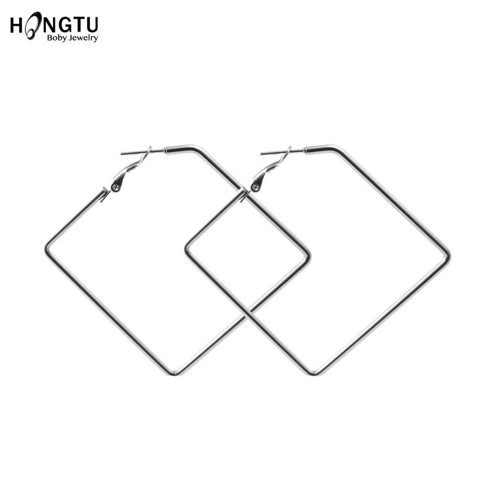 HONGTU Big Large Square Hoop Earrings for Women Simple Surgical Steel Long Geometric Oversized Creole Earrings Jewelry