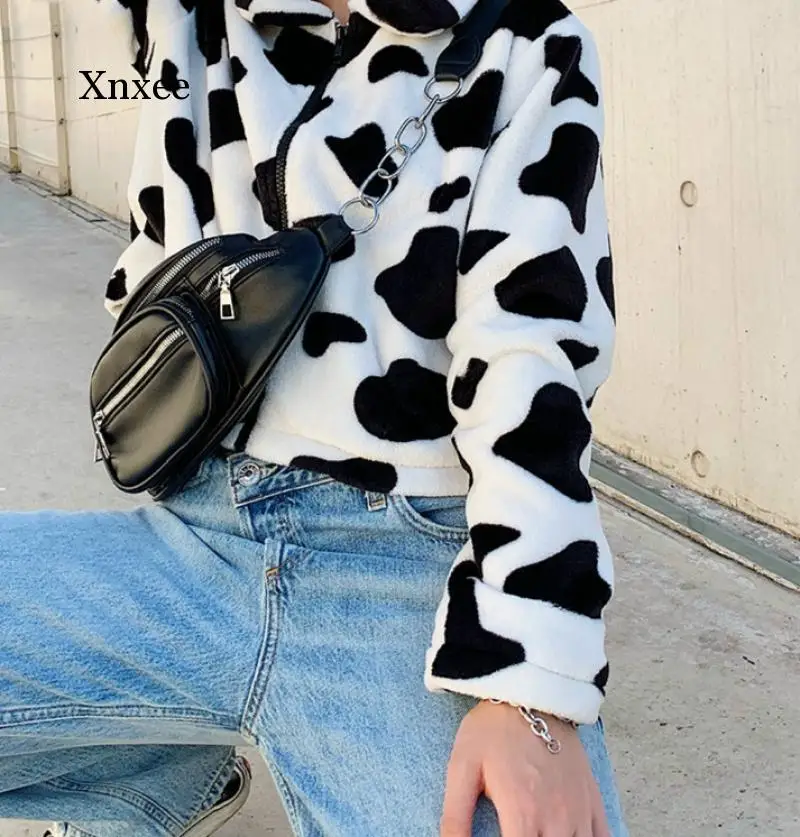 Coats for Women Cow Print Teddy Jacket Modis Longslive Zipper Casual Warm Autumn Winter 2020 Harajuku Coat Female