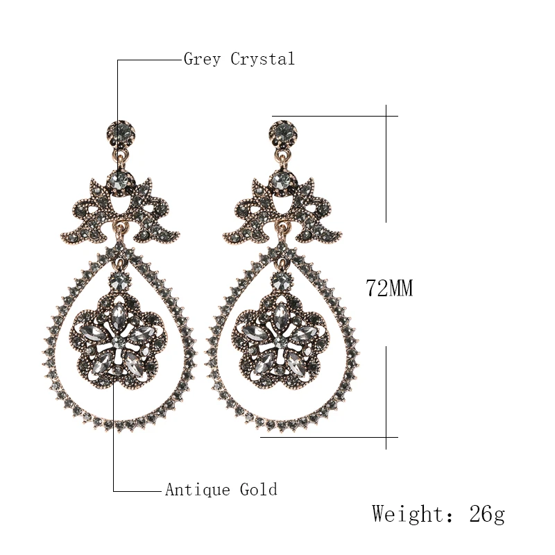 Kinel Luxury Gray Crystal Flower Bridal Earrings For Women Antique Gold Beach Party Water Drop Drop Earrings Vintage Jewelry