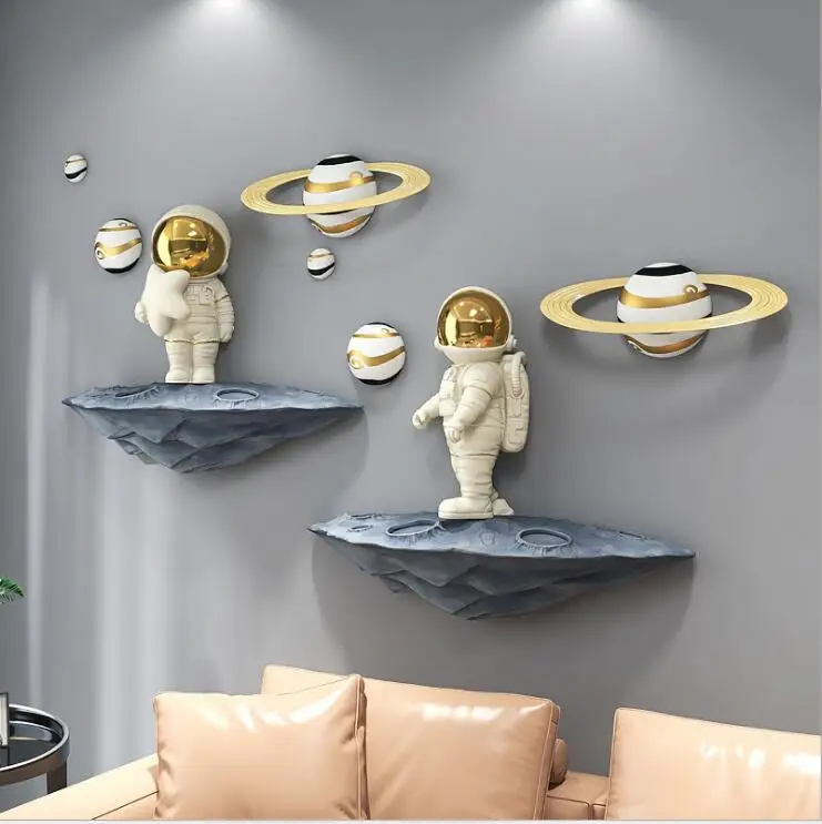 Nordic Ins Resin Statues 3D Wall Hanging Astronaut Planet Kid Room Wall Mural Decoration Art Home Livingroom Wall Sticker Crafts