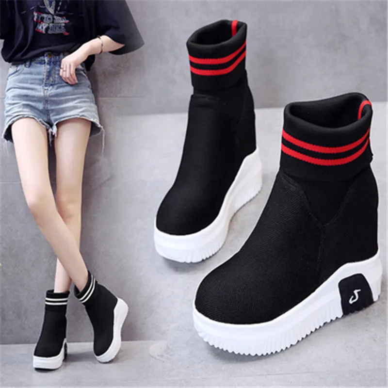 2024 Autumn New Sock Boots Woman 11 CM Hided Wedge Platform Female Casual Shoes Wedge Lady Knitting Short Platform Ankle Boots